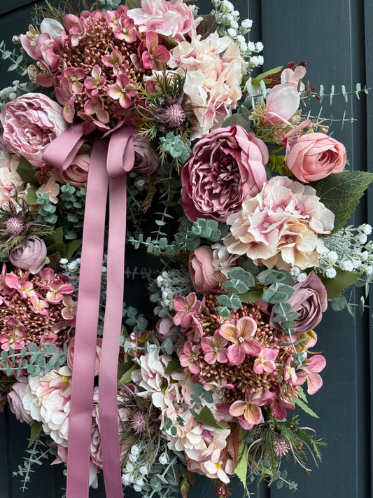 Dusky pink hydrangea faux wreath