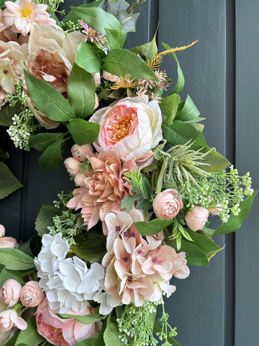Faux summer peony & hydrangea wreath