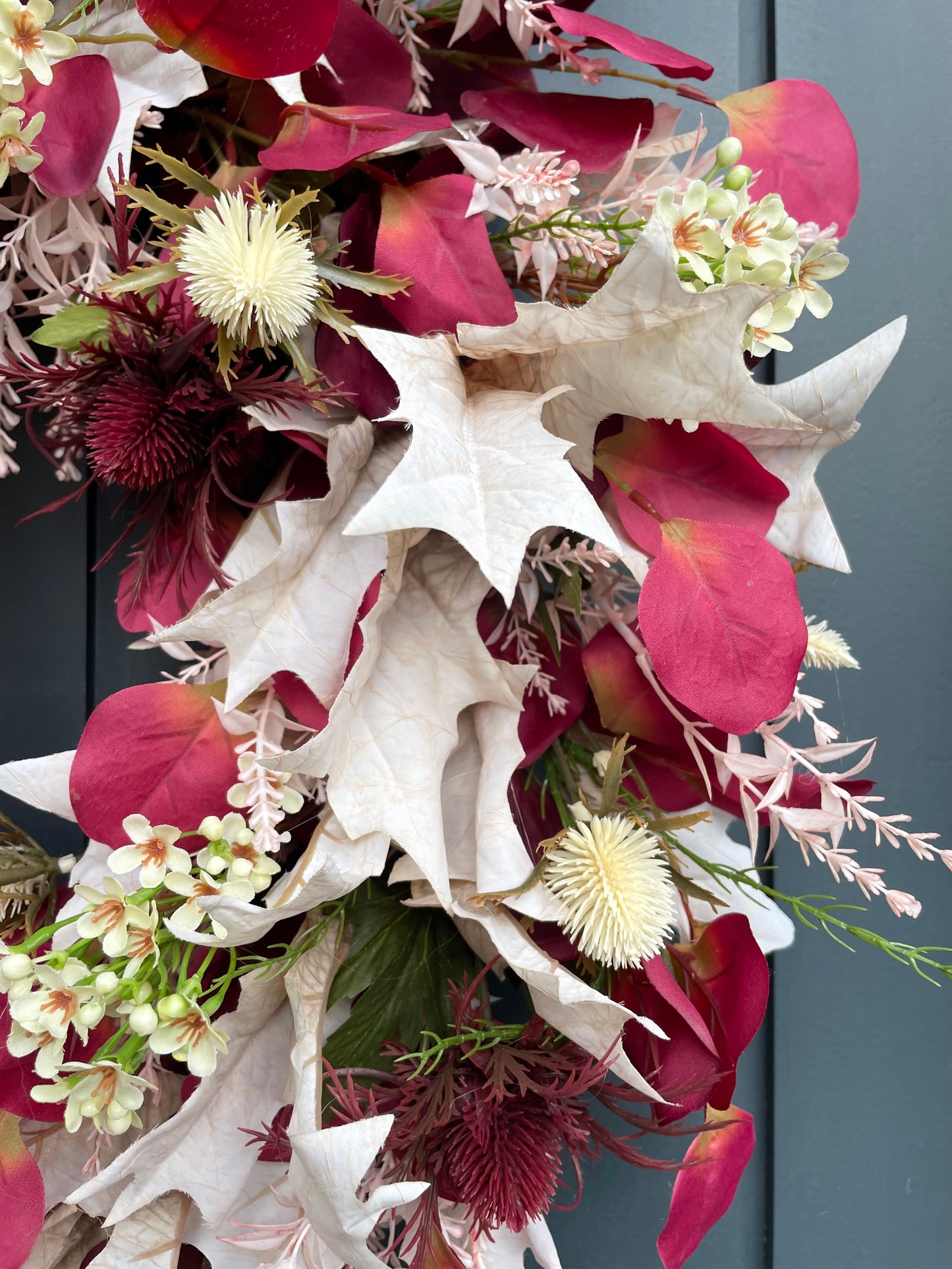 Faux autumn eucalyptus and waxflower wreath