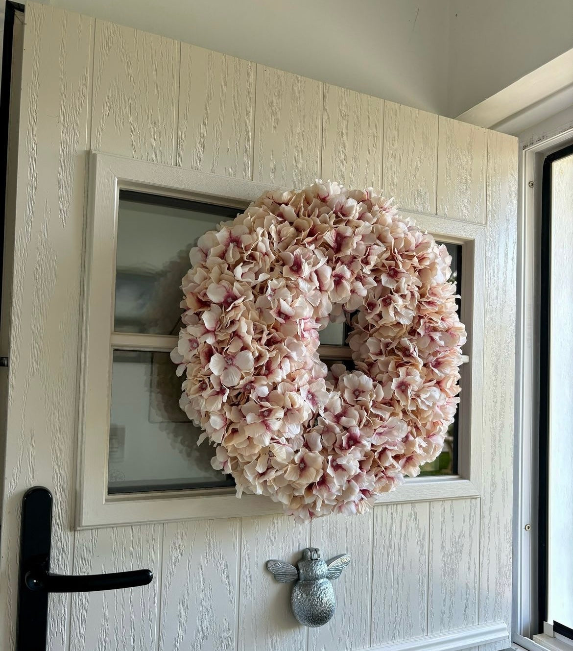 Pink faux hydrangea wreath