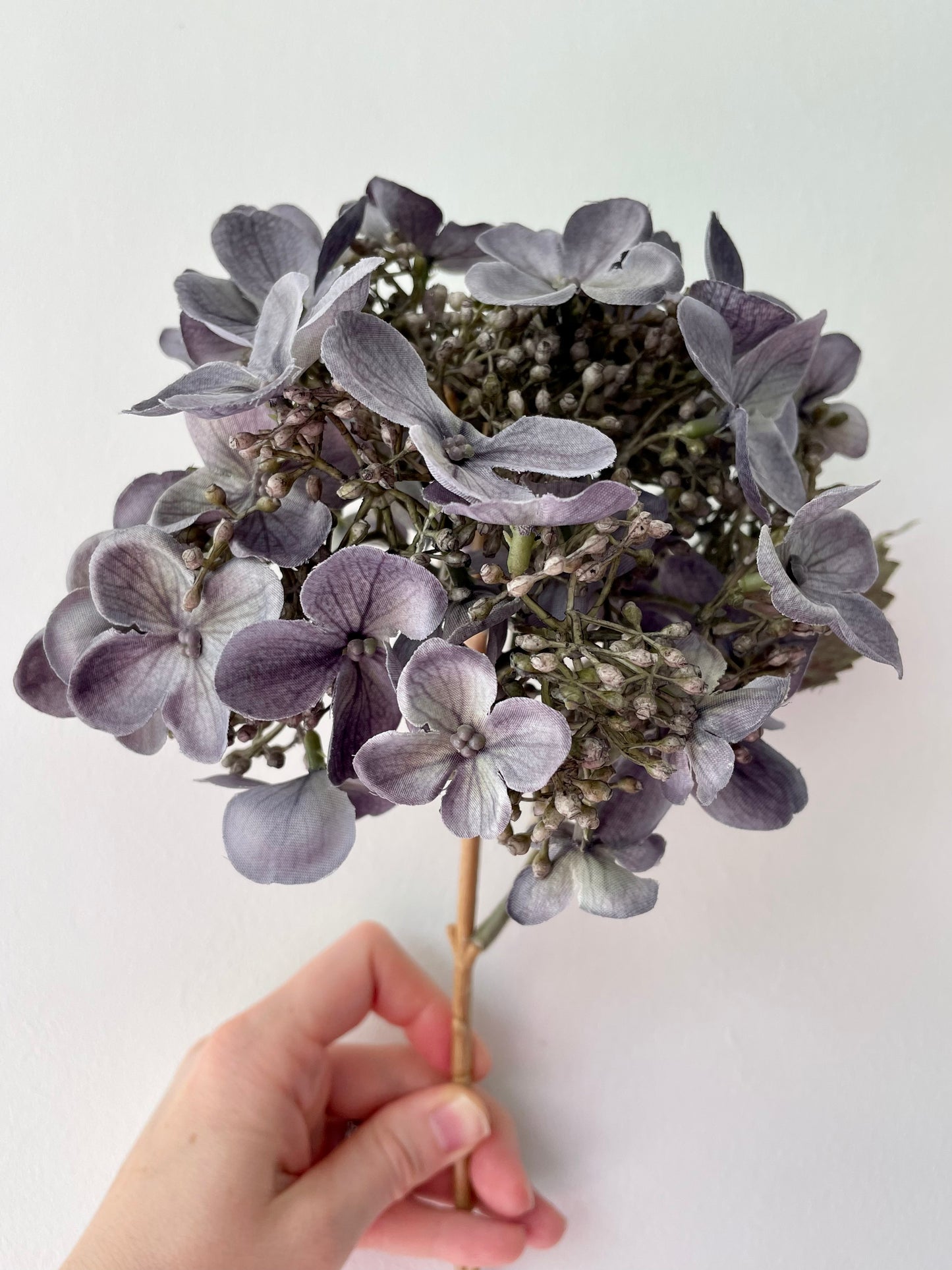 Faux budding hydrangea stem - grey/blue
