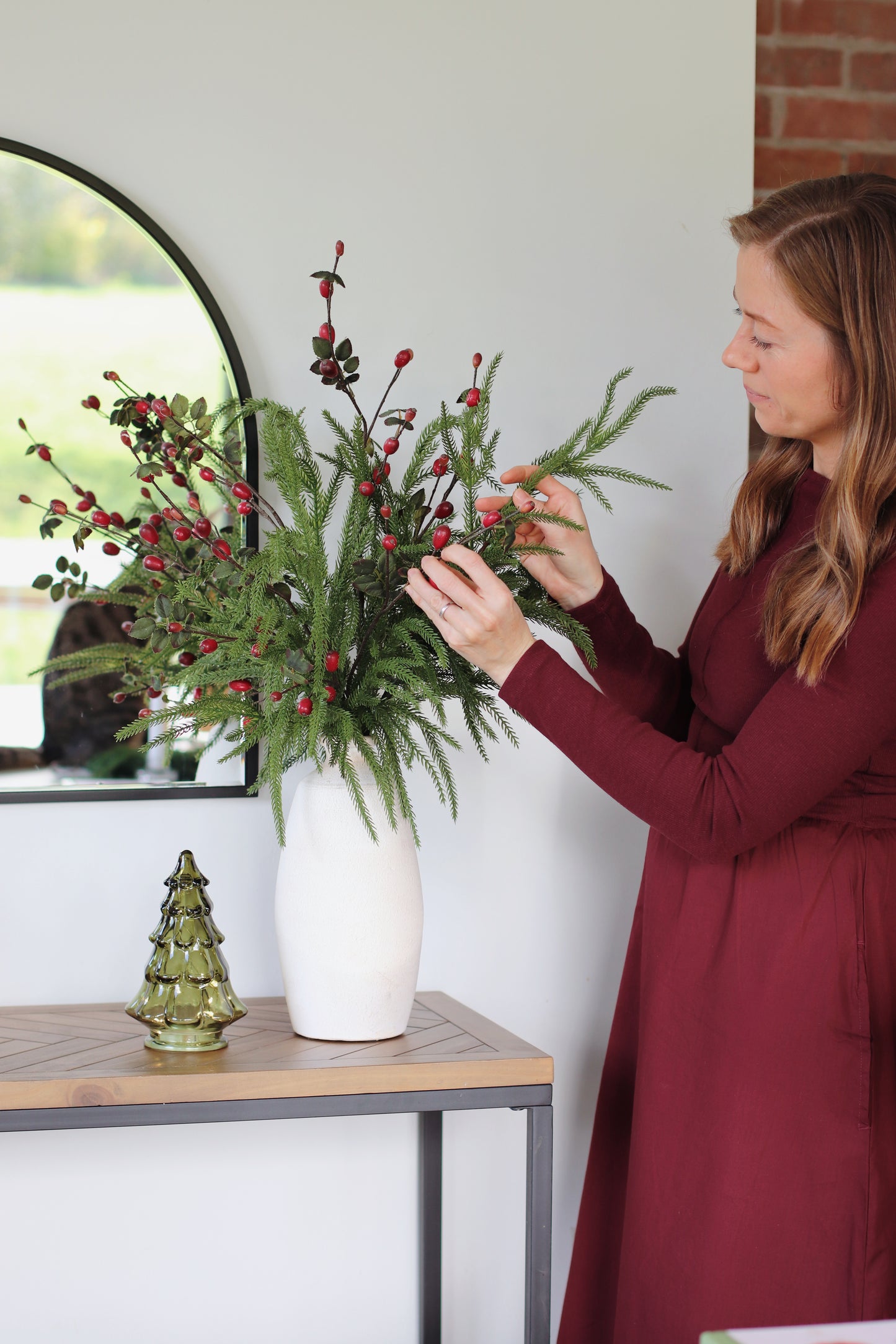 Faux norfolk pine & rosehip arrangement