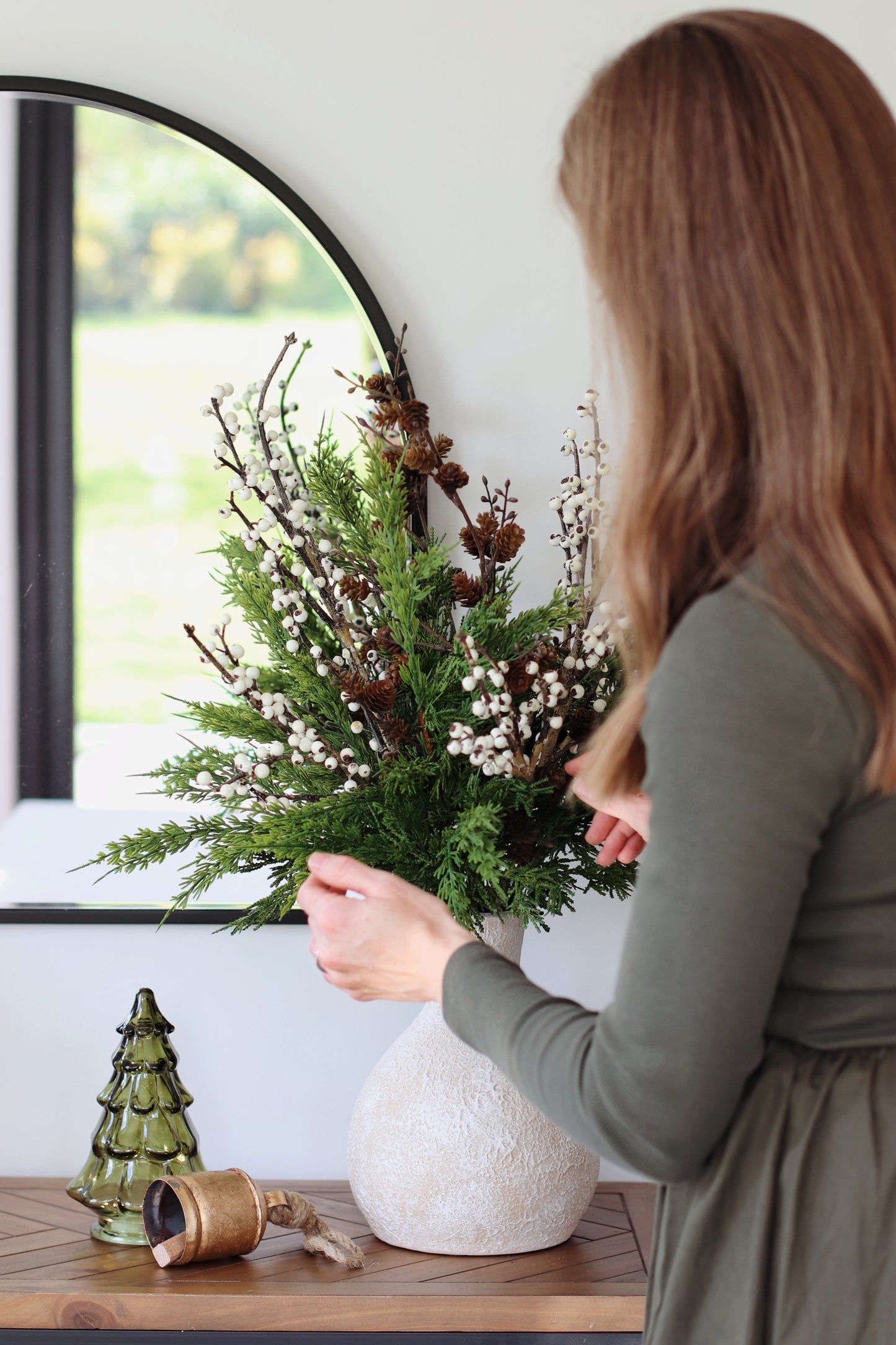 Faux ivory berry & cedar arrangement