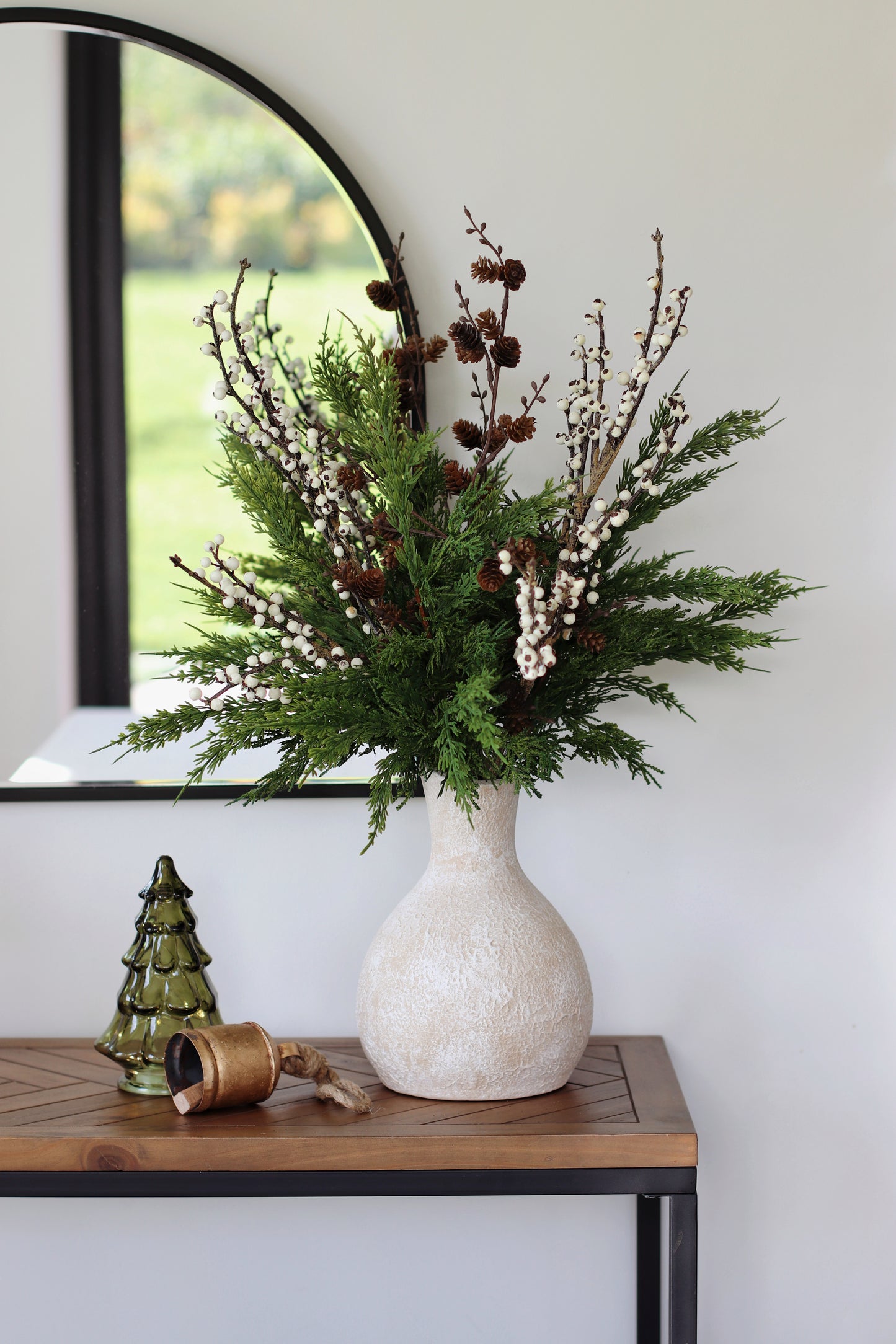 Faux ivory berry & cedar arrangement