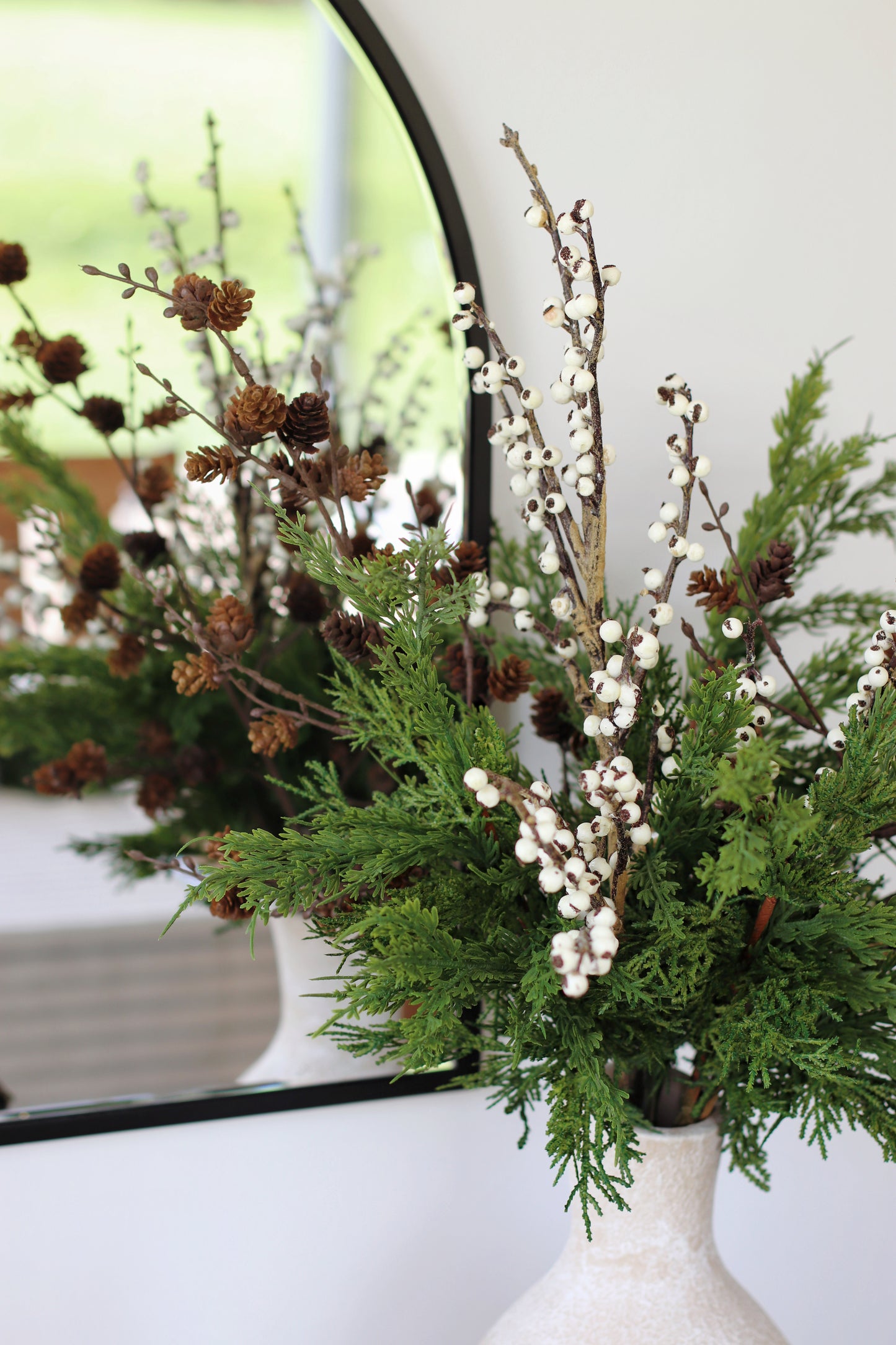 Faux ivory berry & cedar arrangement