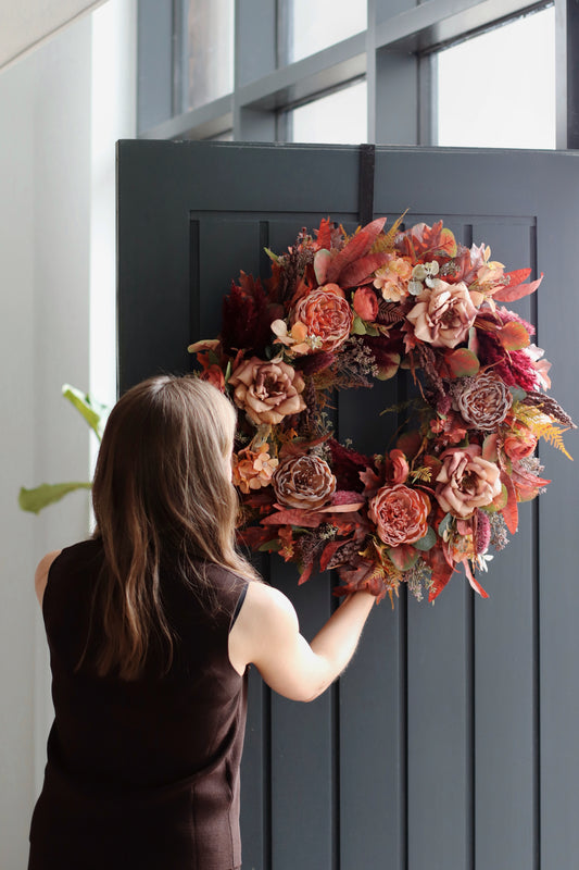Faux autumn peony and rose wreath