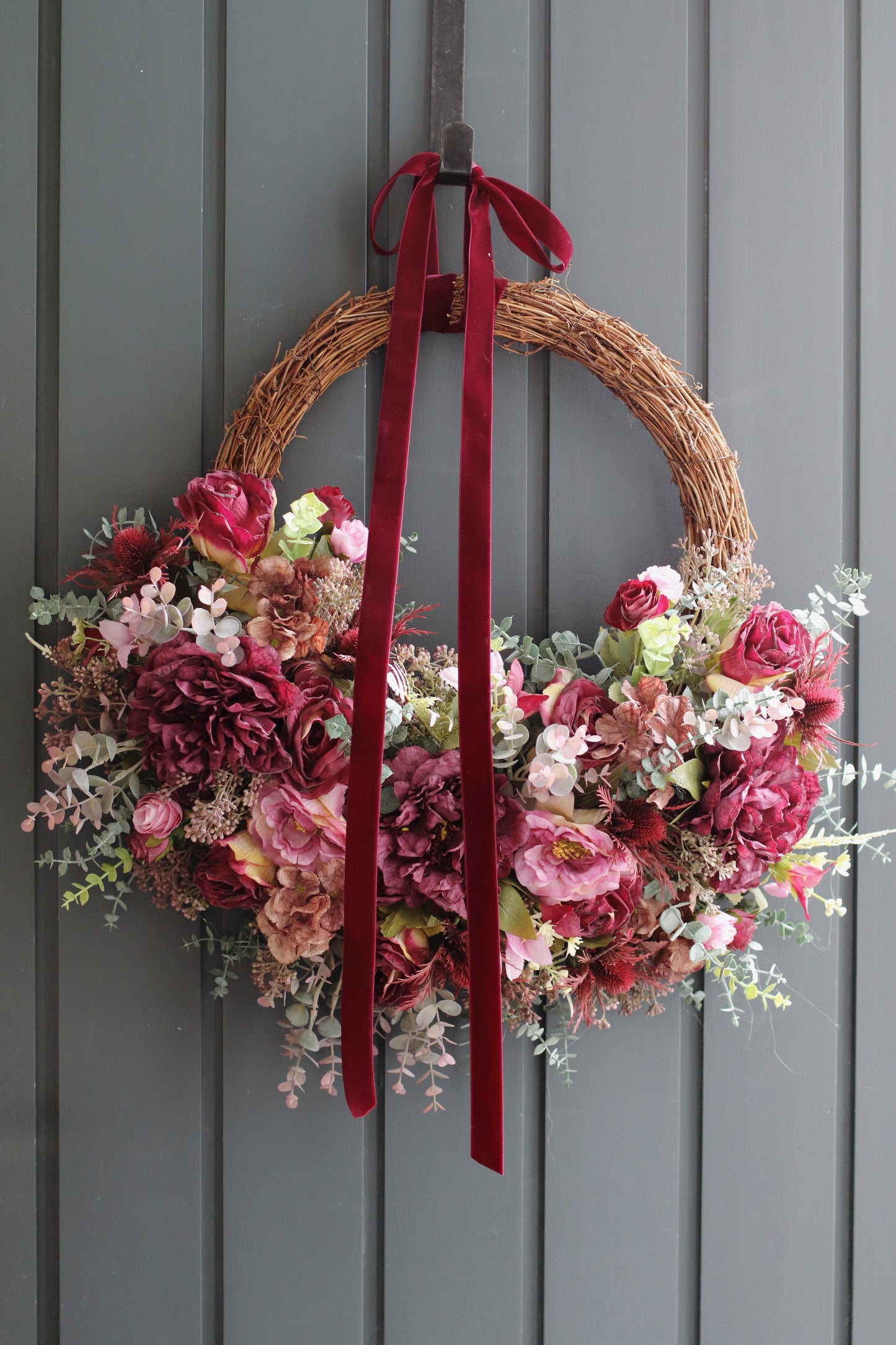 Half burgundy peony wreath