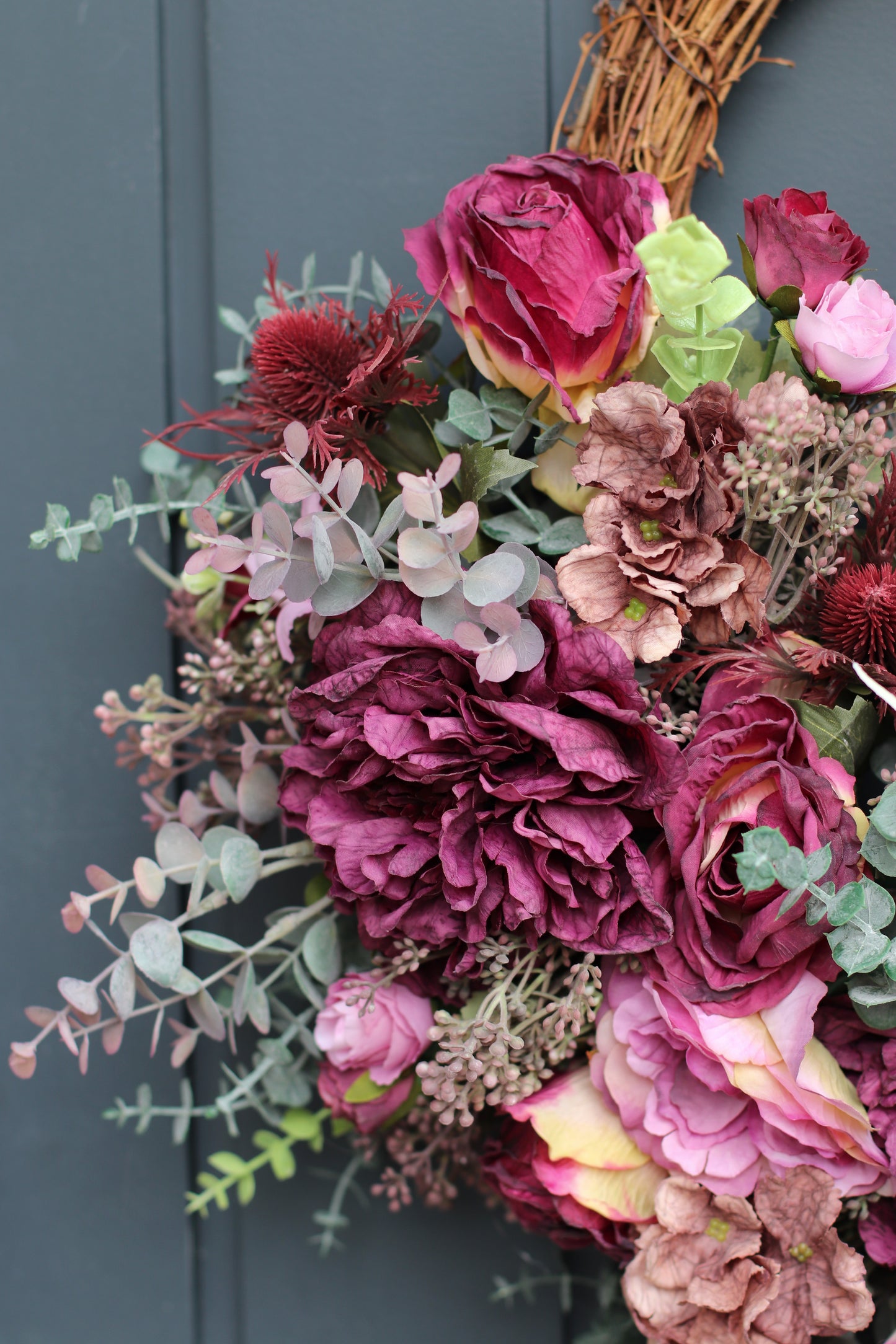Half burgundy peony wreath