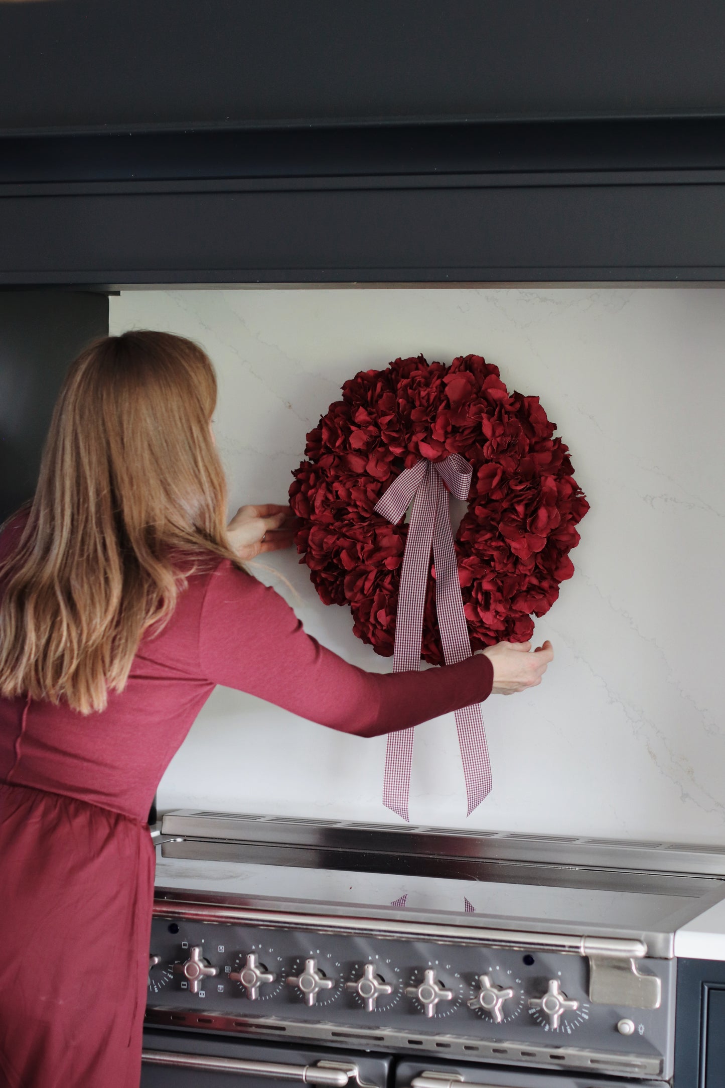 Faux ruby hydrangea wreath