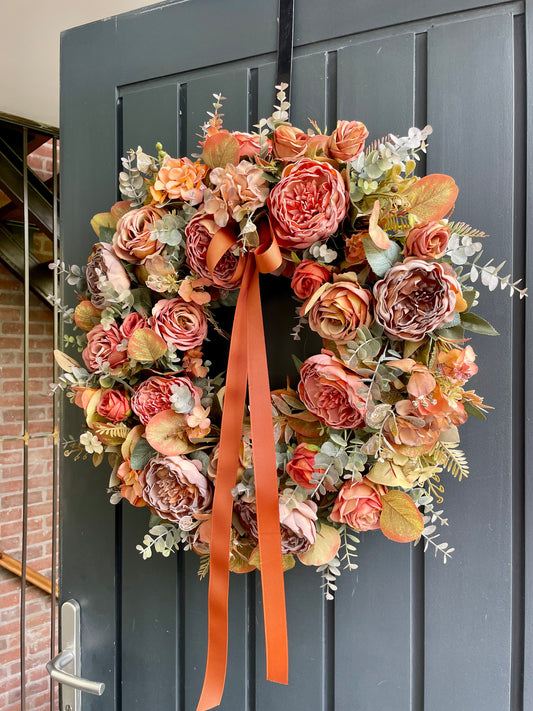 Faux autumn rust peony wreath