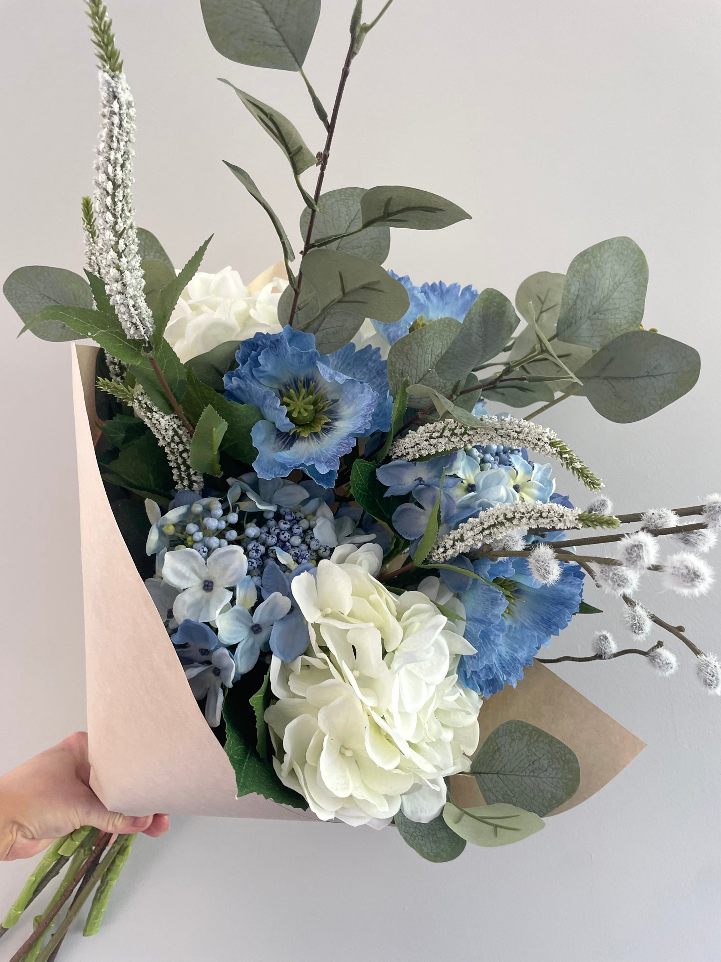 Blue & white hydrangea arrangement