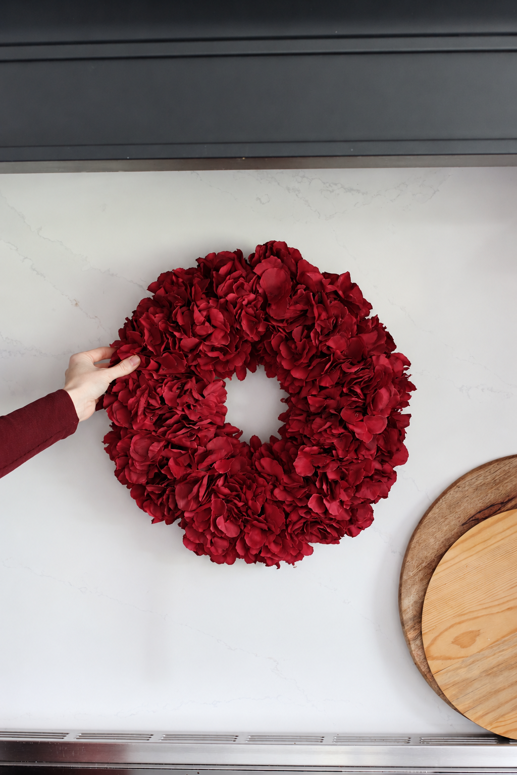 Faux ruby red hydrangea wreath