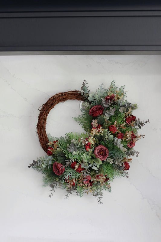 Faux half pine & rose wreath