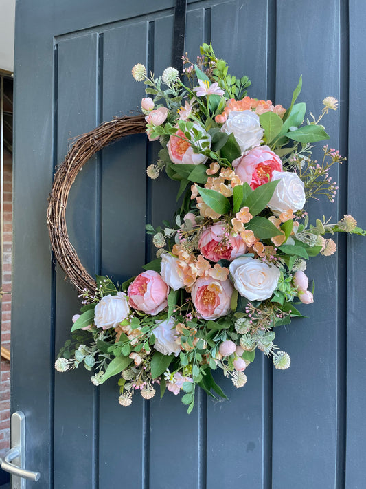 Coral peony half wreath