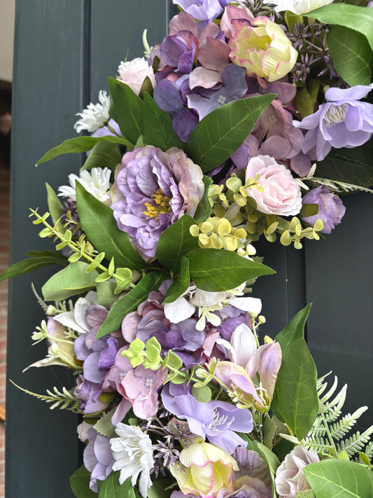 Faux hydrangea & wildflower wreath