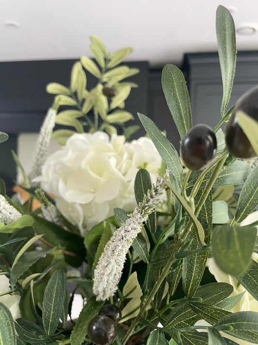 Faux hydrangea & olive arrangement