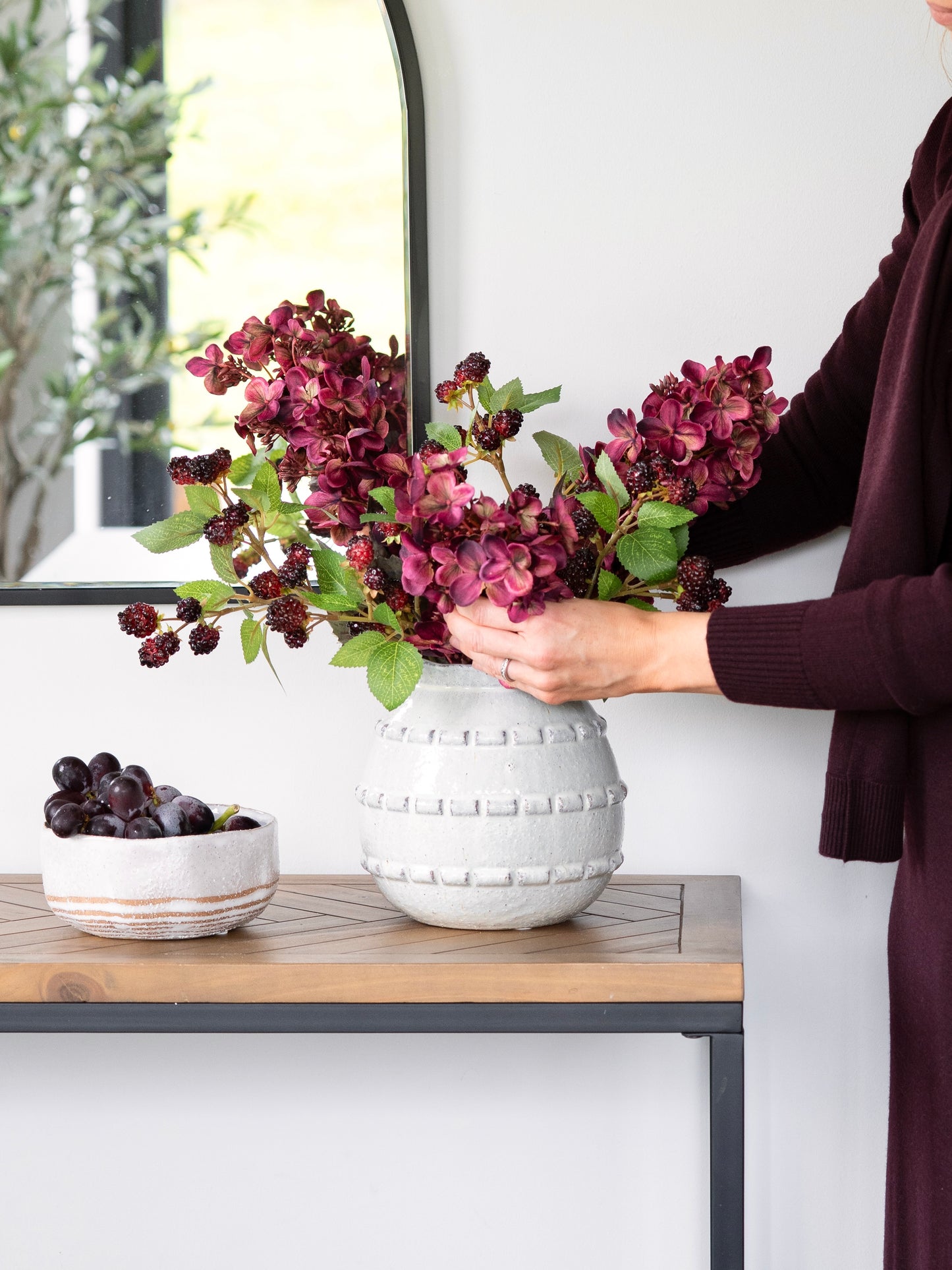 Faux hydrangea and blackberry arrangement
