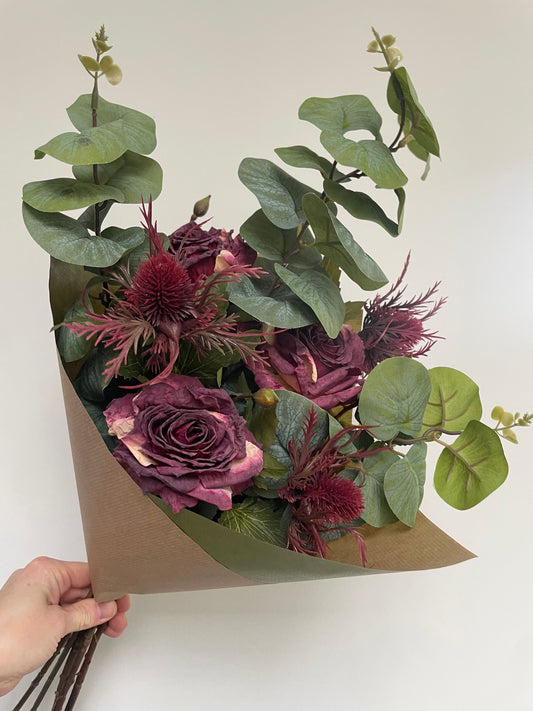 Faux burgundy rose posy