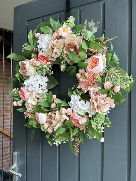 Faux summer peony & hydrangea wreath