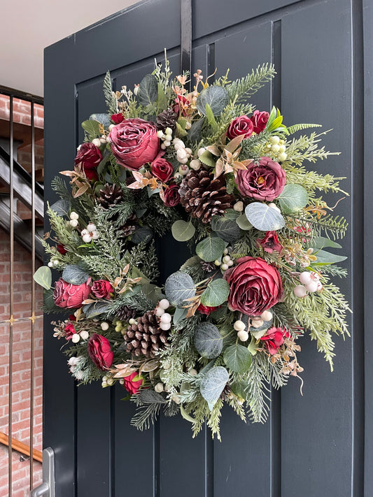Faux Christmas red rose wreath