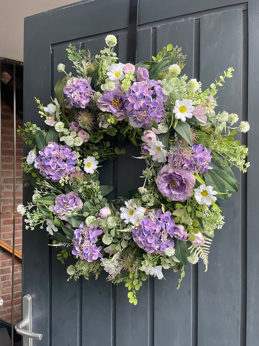 Faux lavender hydrangea wreath