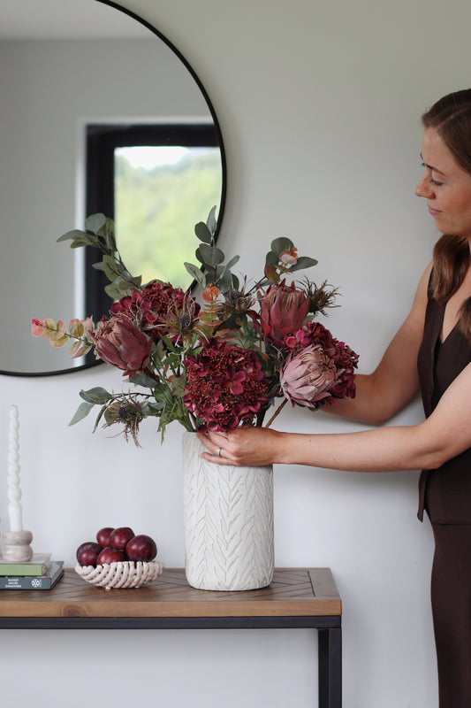 Faux Autumn protea & hydrangea arrangement