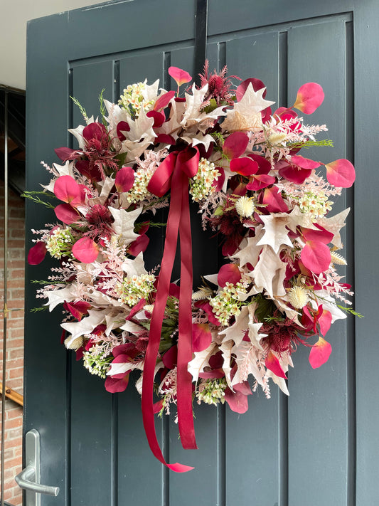 Faux autumn eucalyptus and waxflower wreath