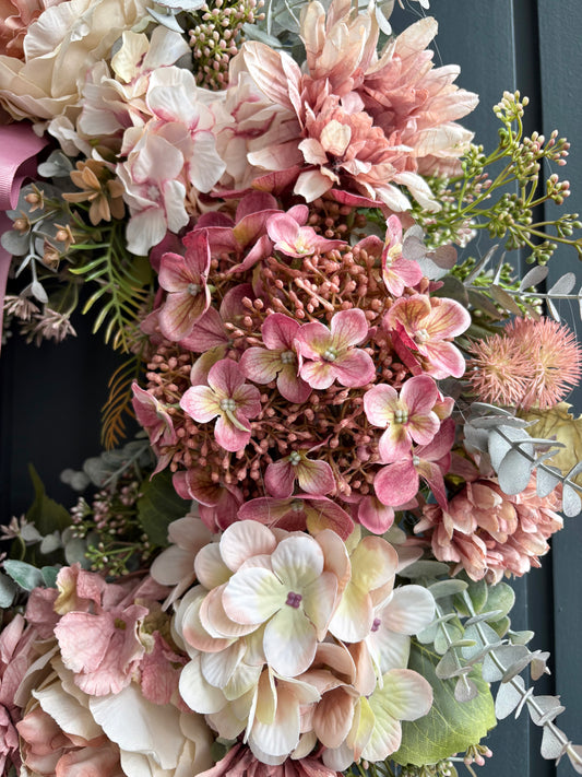 Dusky pink hydrangea faux wreath