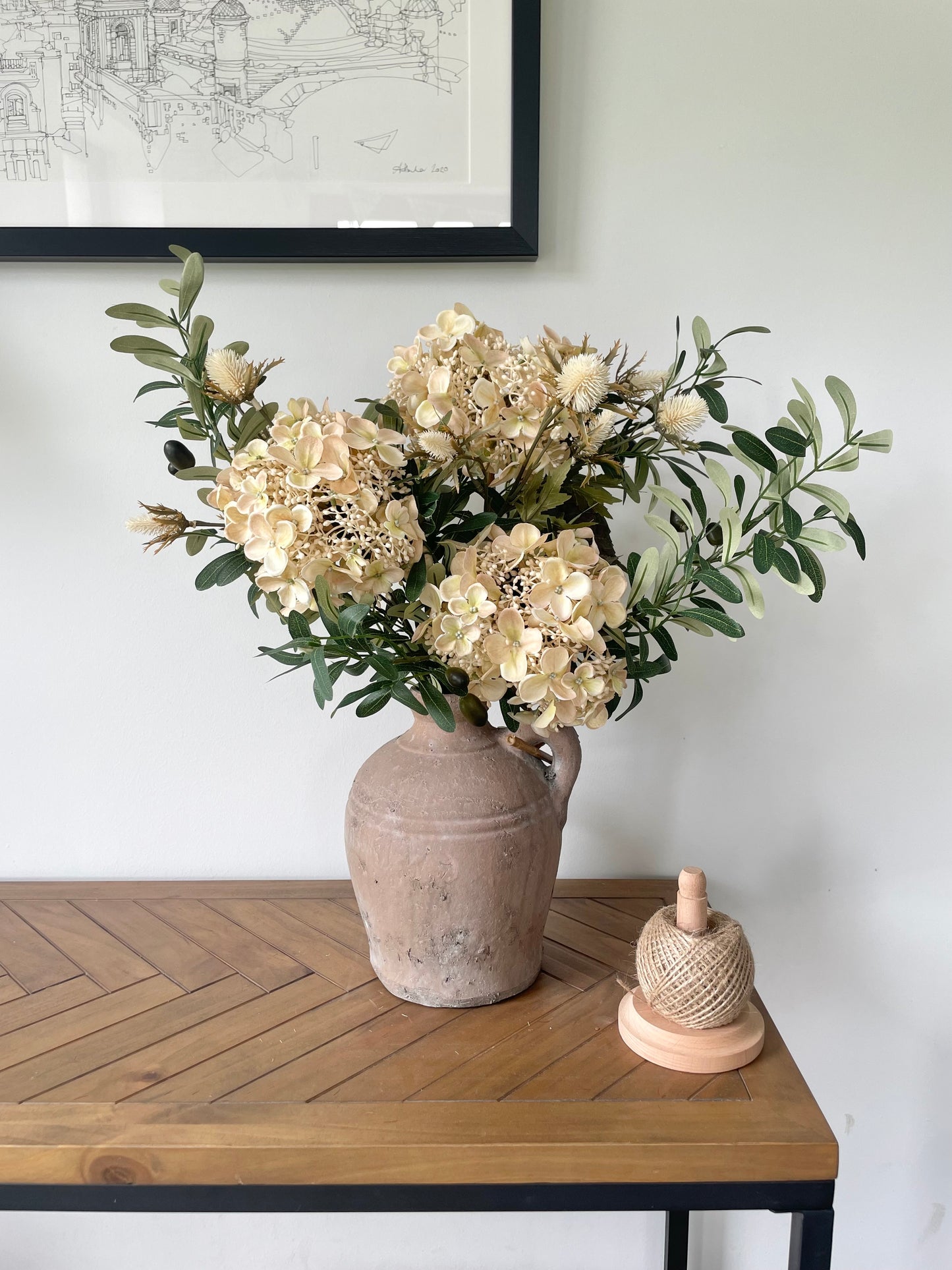 Faux budding hydrangea & thistle arrangement