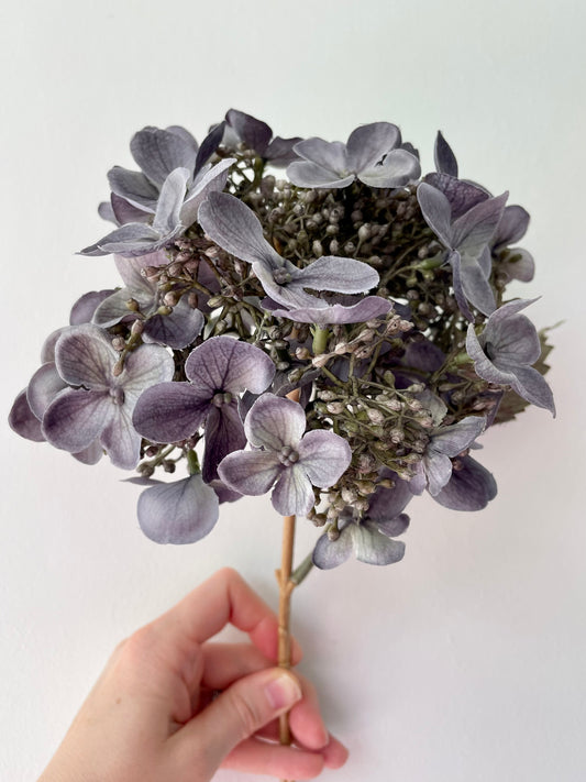 Faux budding hydrangea stem - grey/blue