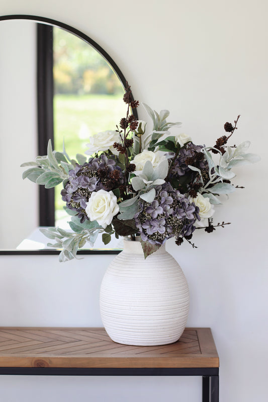 Faux winter hydrangea arrangement