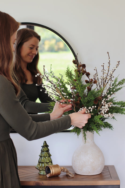 Faux ivory berry & cedar arrangement