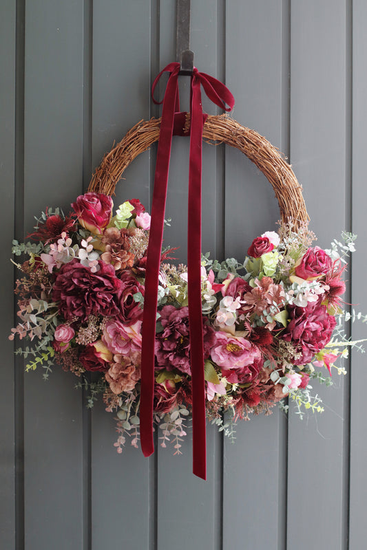 Half burgundy peony wreath