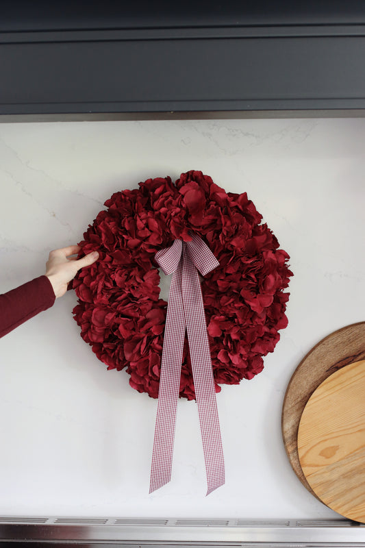 Faux ruby hydrangea wreath